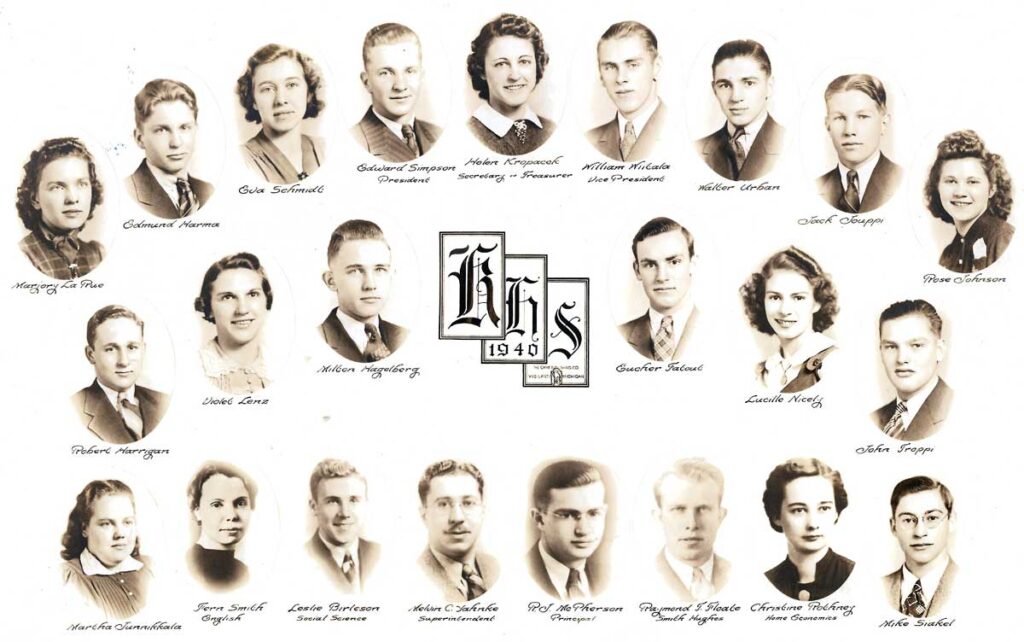 The 17 students of Kaleva High School Class of 1940 included Rosie Johnson (top row far right) and her husband-to-be Bob Harrigan (middle row, far left).